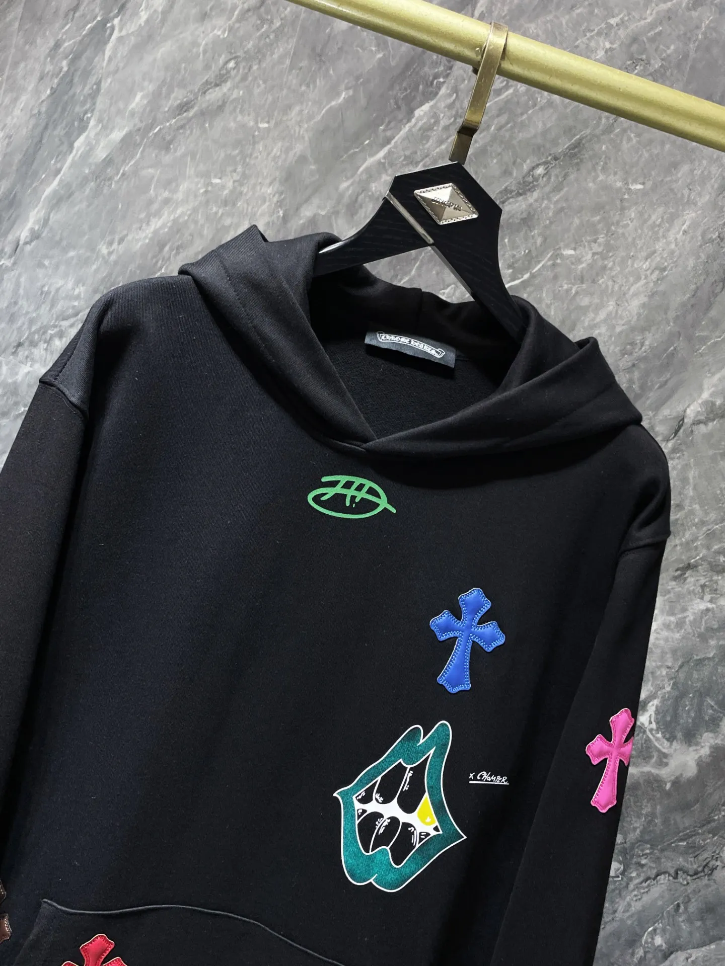 P276 Chrome Hearts Autumn and Winter 2025 Counter Synchronization Colorful cross patchwork leather Sanskrit hand-painted graffiti hooded sweatshirt Special customized version 1:1 high weight fabric Highest version Imported leather Recommended color: black gray Code number: S, M, L, XL